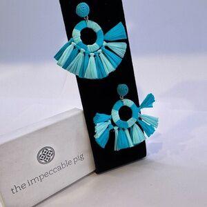 Brand New Turquoise Mixed Fan Handmade Straw Earrings